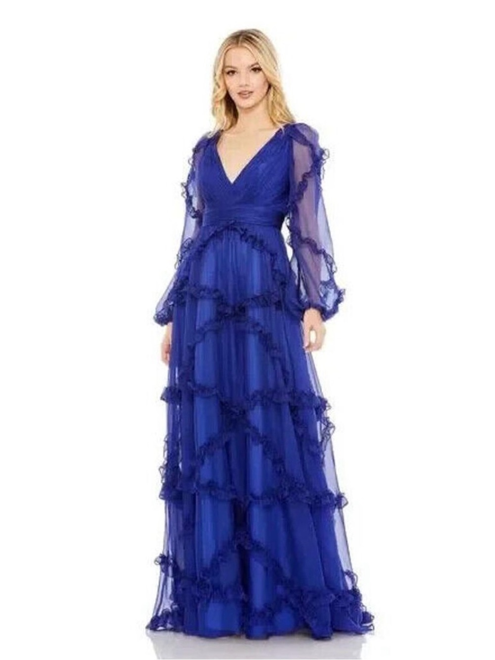 Mac Duggal Royal Blue V-Neck Ruffle Tiered Maxi Dress - Picture 4 of 9